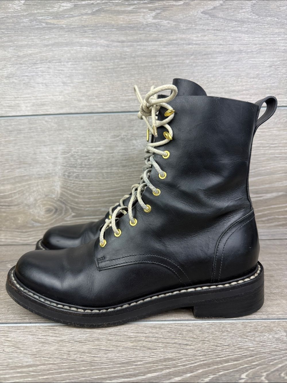 Rag & Bone Emil Women’s Sz 9/EU 39 Black Leather Lace Up Gold Eyelet Combat Boot - Picture 3 of 14